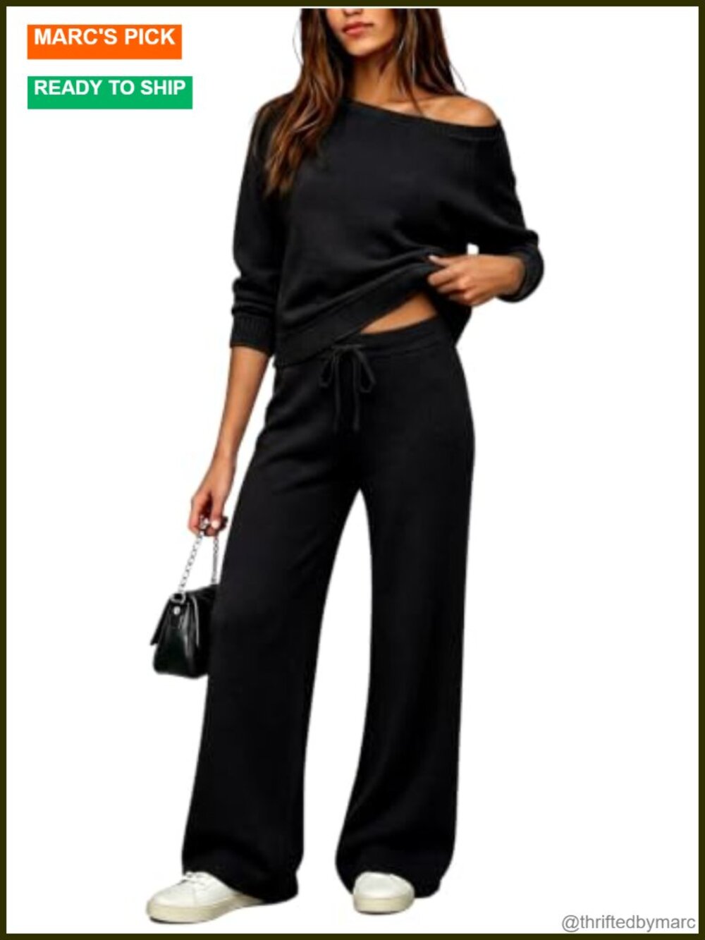 2 Piece Off Shoulder Knit Lounge Set Wide Leg Pants Outfit